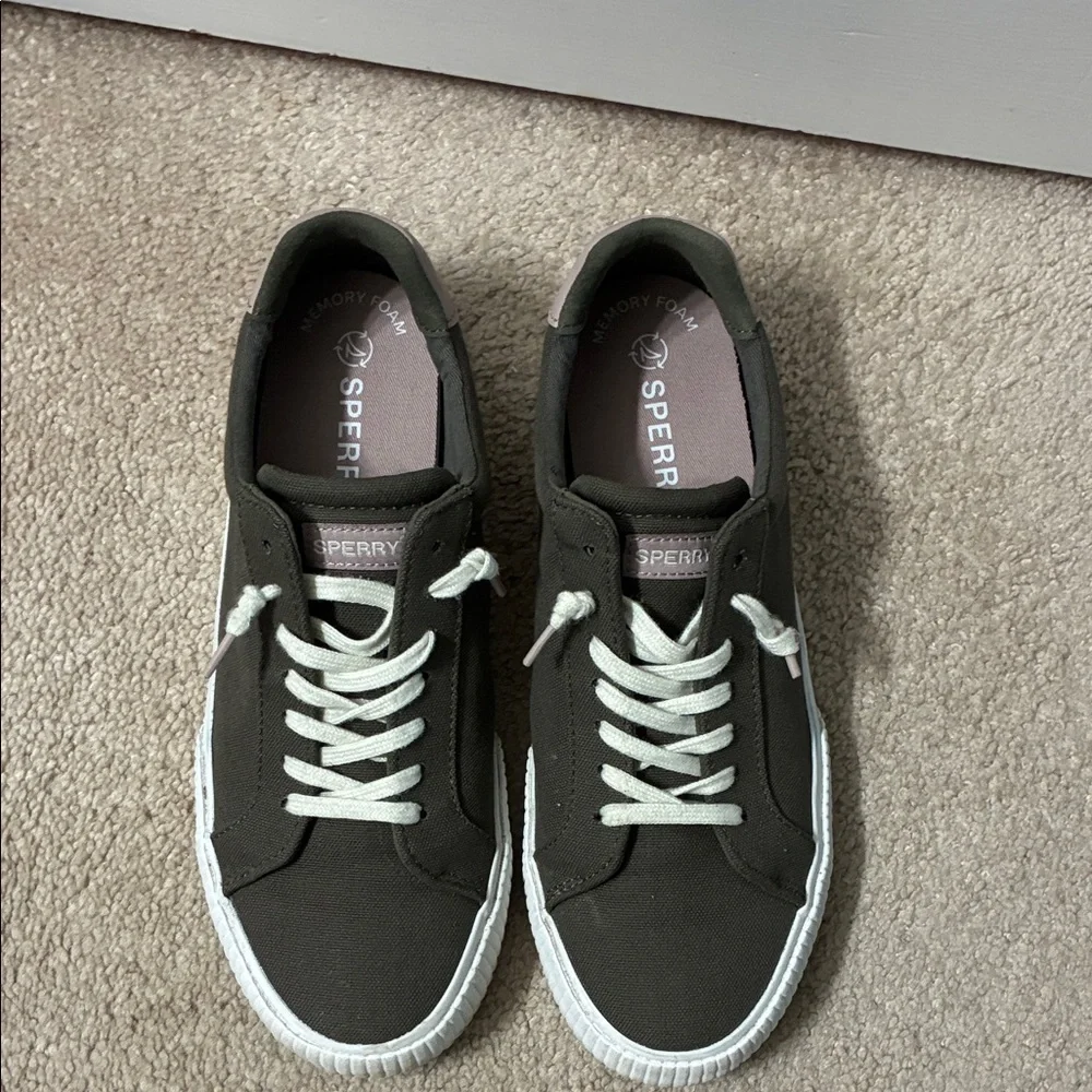 Sperry Olive Canvas Lace-Up Boat Sneakers with White Soles